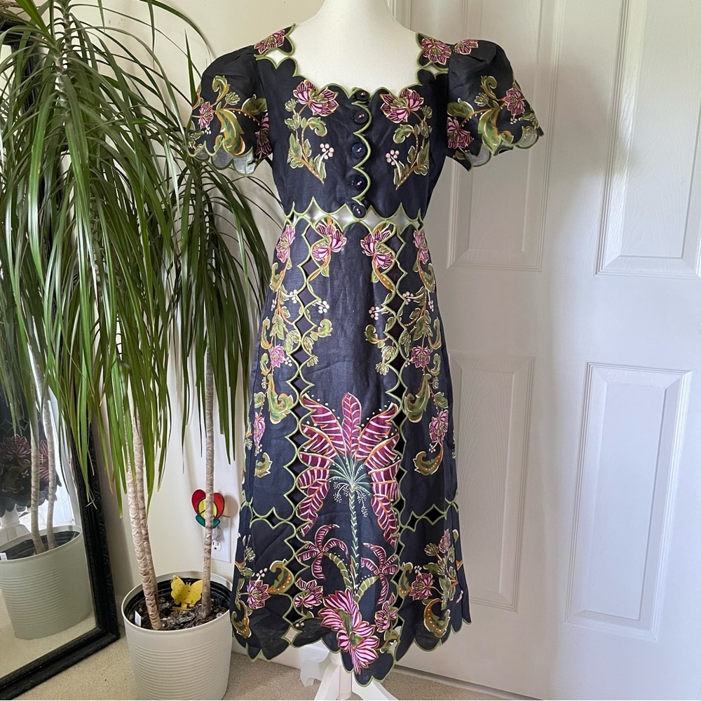 FARM Rio Ravenela Floral Embroidered Black Linen Midi Dress Women's Small NWT - Picture 12 of 16